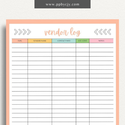 Vendor List Printable Template – Digital download for organizing and managing contact information and details for various vendors, including names, services, and contact details