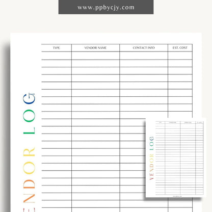 Vendor List Printable Template – Digital download for organizing and managing contact information and details for various vendors, including names, services, and contact details