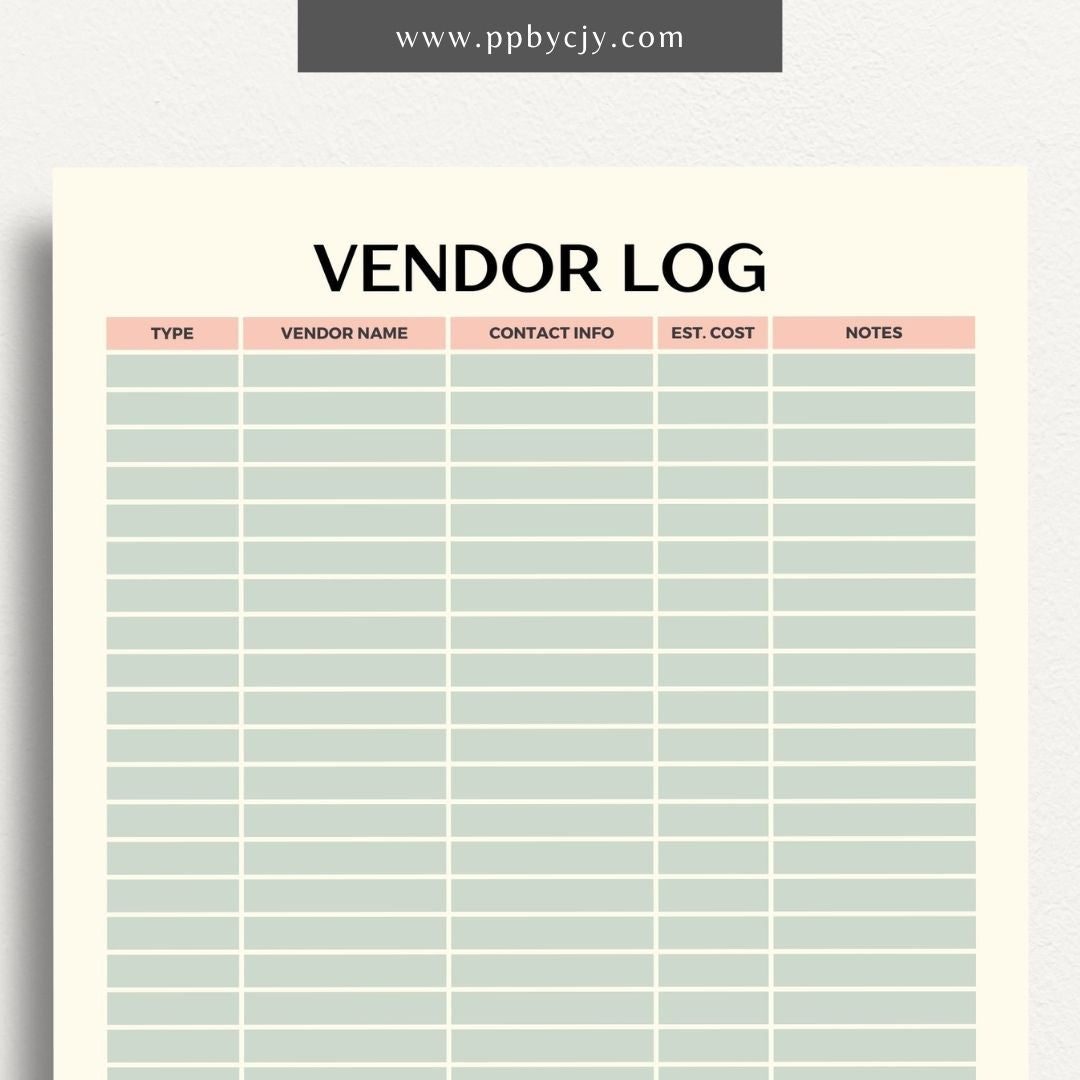 Vendor List Printable Template – Digital download for organizing and managing contact information and details for various vendors, including names, services, and contact details