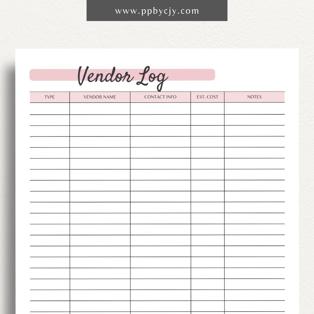 Vendor Contact List Printable PDF Template