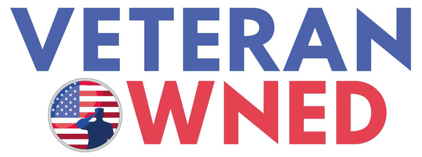 Logo with 'Veteran Owned' text and an American flag silhouette, featuring blue and red colors.
