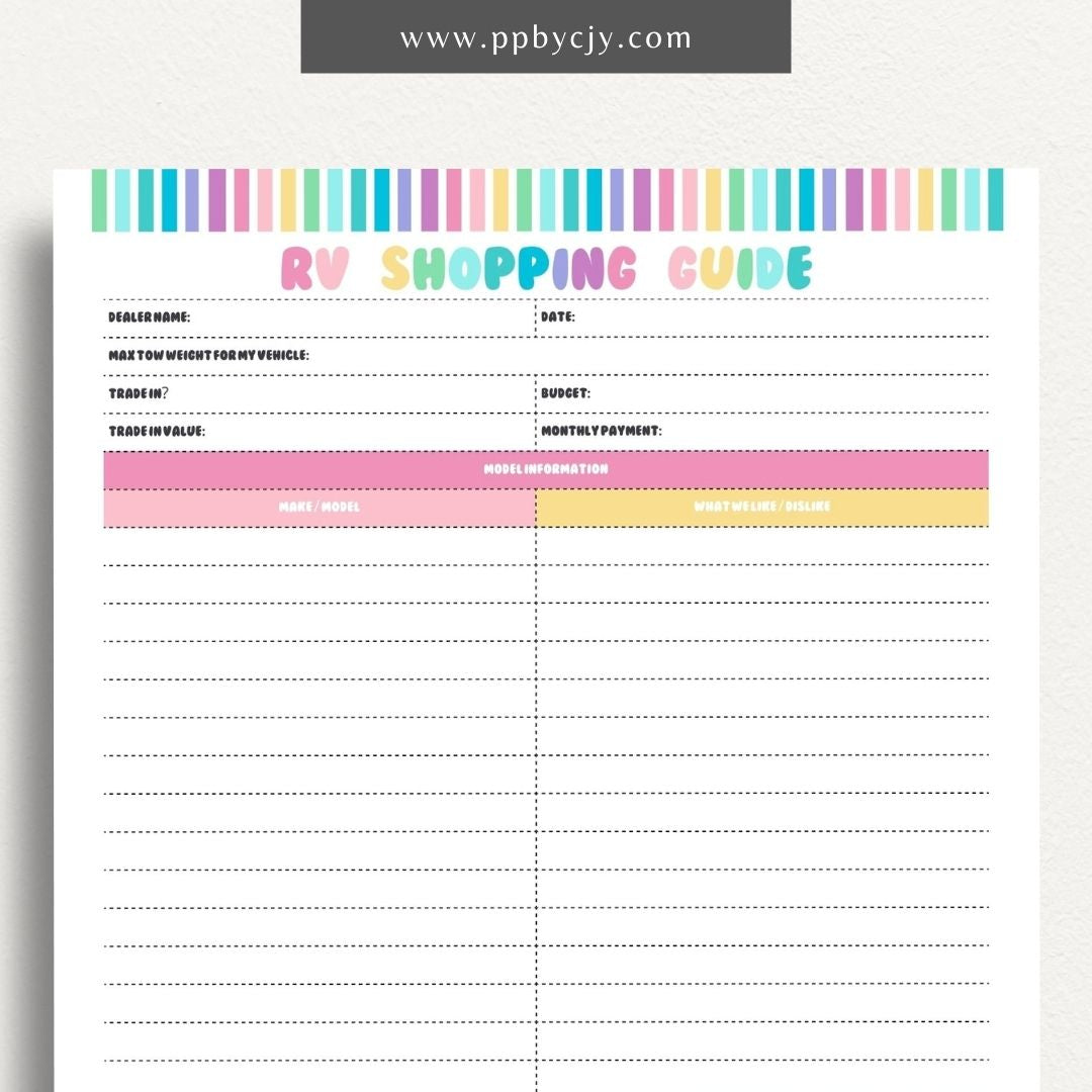 RV Shopping Guide Printable Template – Digital download for planning and organizing your RV purchase or upgrade, including features, checklists, and comparisons