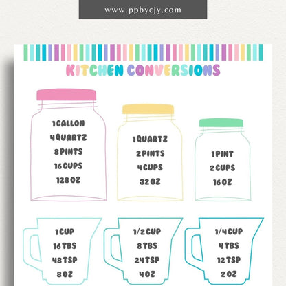 Recipe Ingredient Measurement Conversion Printable Template – Digital download for converting and referencing common ingredient measurements in recipes.