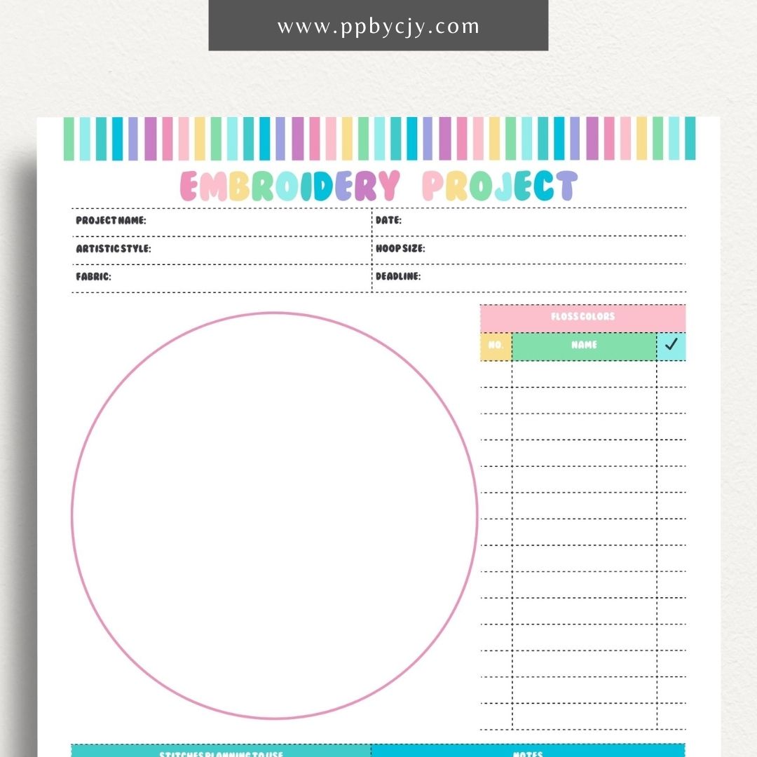 Embroidery Project Plan Printable Template – Digital download for organizing and planning embroidery projects with sections for design, materials, and progress tracking