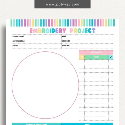 Embroidery Project Plan Printable Template – Digital download for organizing and planning embroidery projects with sections for design, materials, and progress tracking