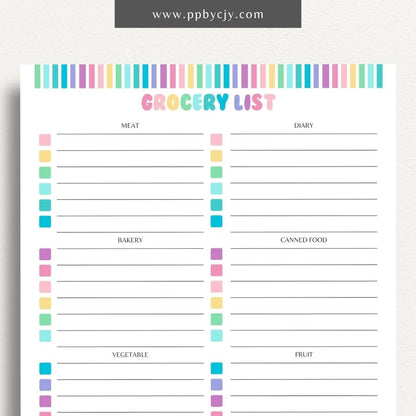 Food Grocery List Printable Template – Digital download for organizing and planning your grocery shopping.