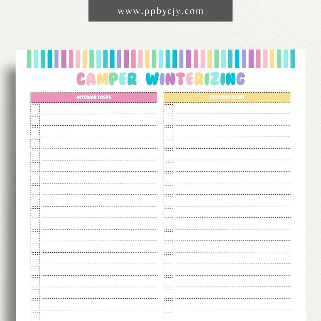 Camper Winterizing Sheet Printable Template – Digital Download for Organizing and Tracking Winterizing Tasks for Campers