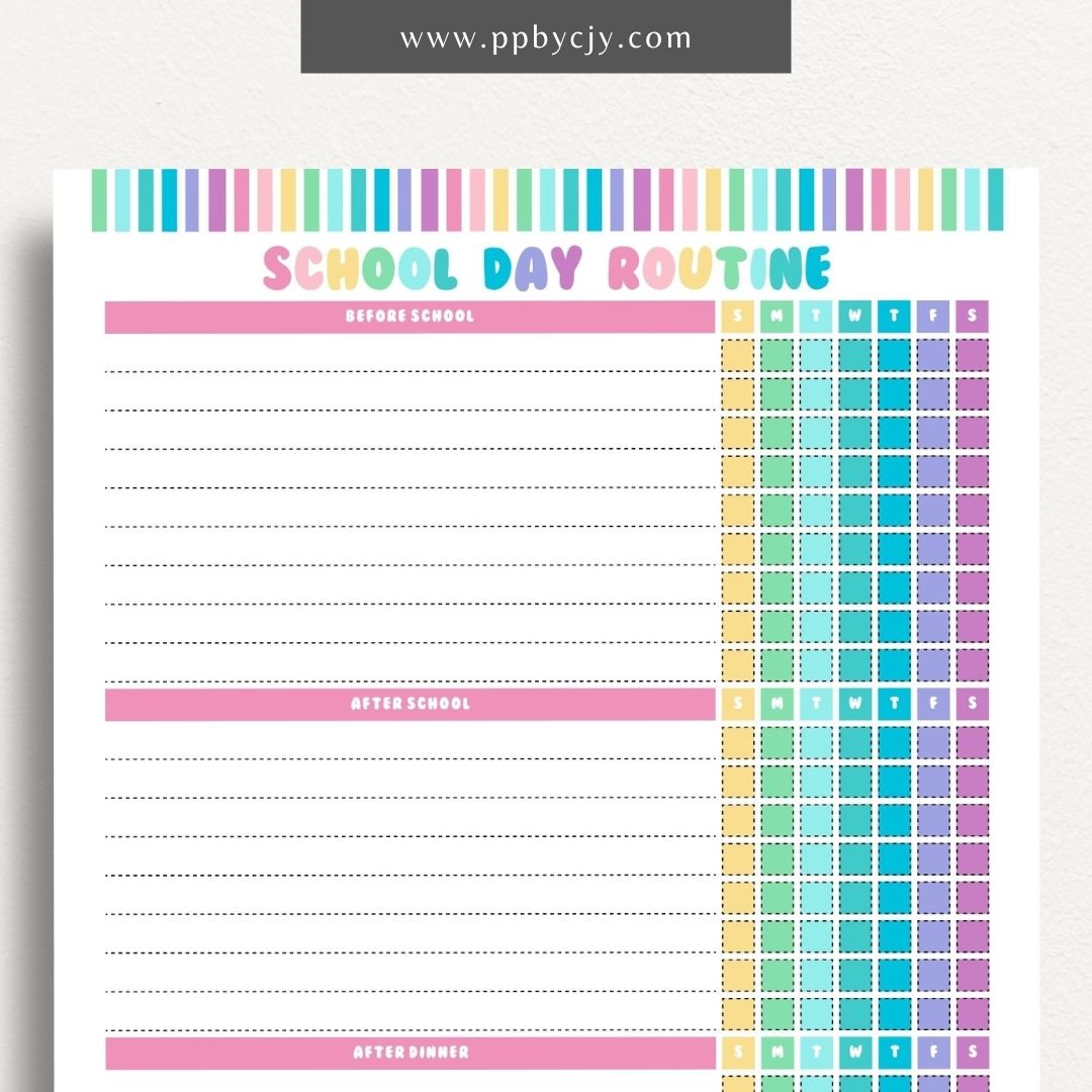 School Day Routine Tracker Printable Template – Digital download for managing school schedules, homework, and daily routines.