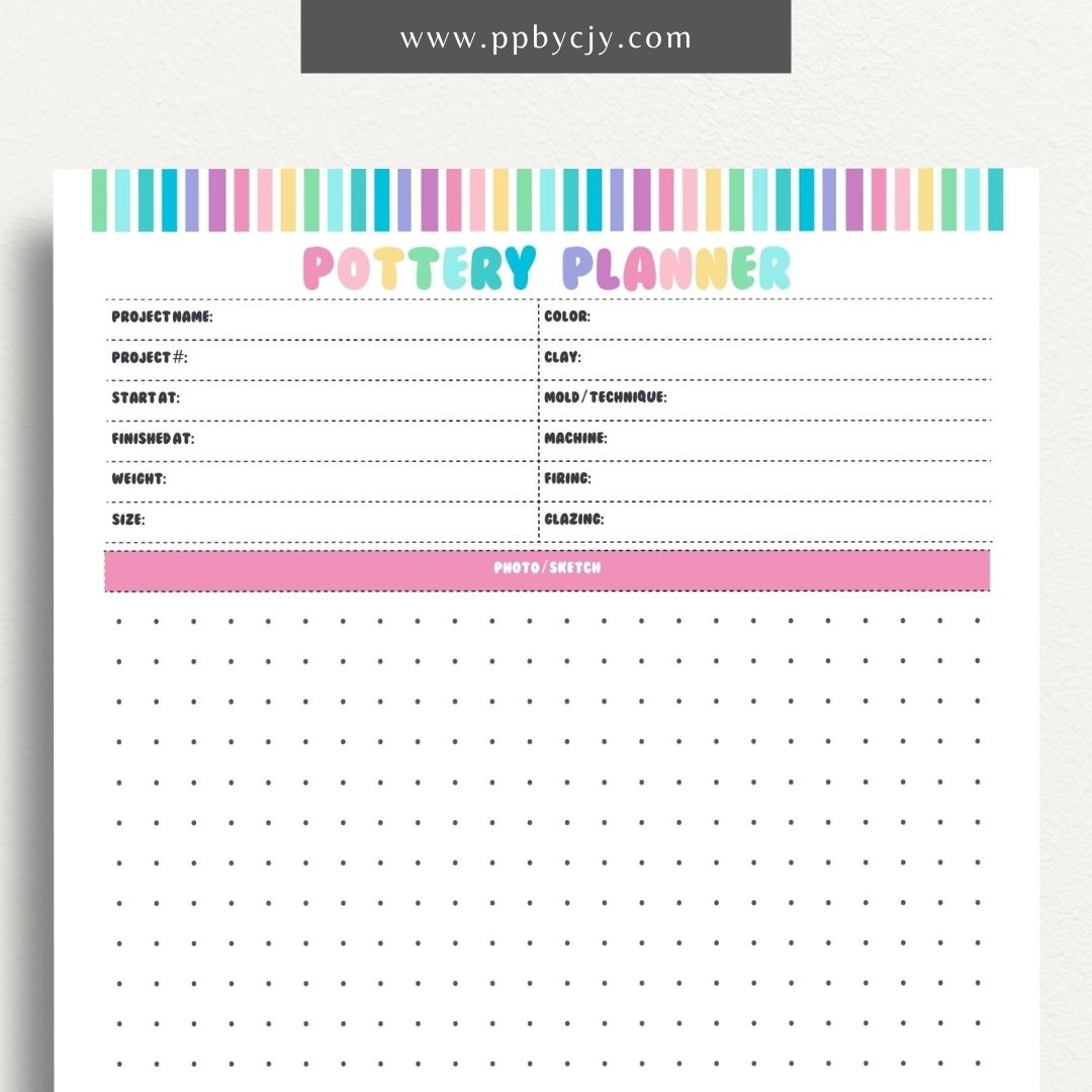 Pottery Planner Printable Template – Digital download for organizing ceramic projects, including design planning, material tracking, and firing schedules