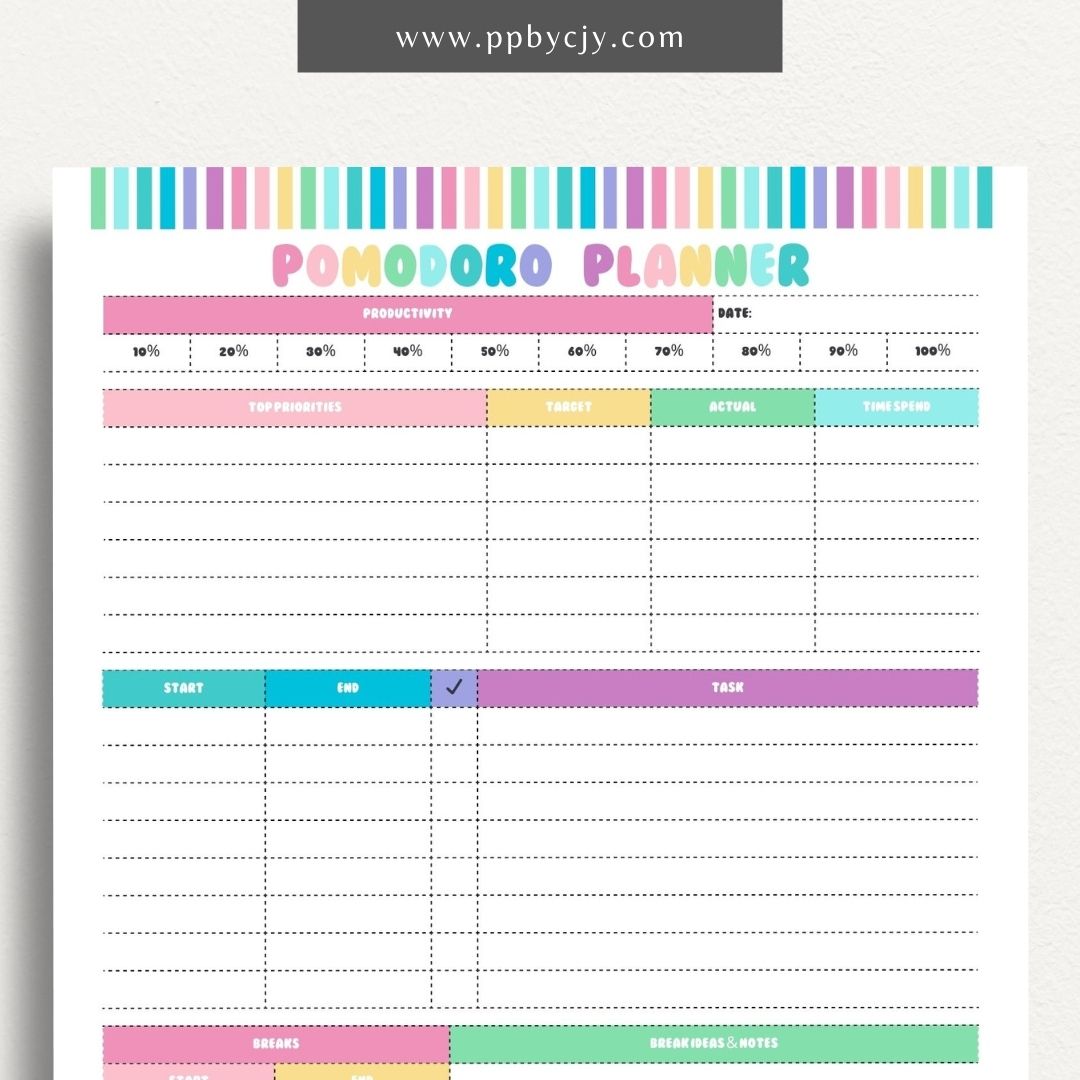 Pomodoro Planner Printable Template – Digital download for time management, productivity tracking, and focus improvement using the Pomodoro Technique.