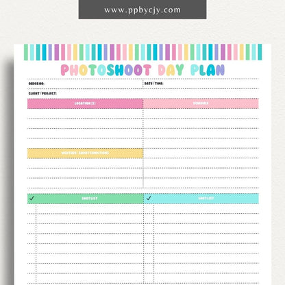 Photoshoot Day Plan Printable Template – Digital download for organizing and planning photography sessions, shoot day schedules, and equipment lists