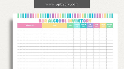 Alcohol Inventory Printable Template – Digital Download for Tracking and Managing Alcohol Stock