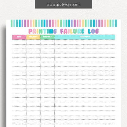 3D Printer Failure Log Printable Template – Digital download for documenting and tracking 3D printer errors, troubleshooting steps, and failure incidents