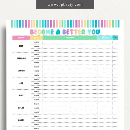 Become a Better You Worksheet Printable Template – Digital download for personal development and self-improvement tracking.