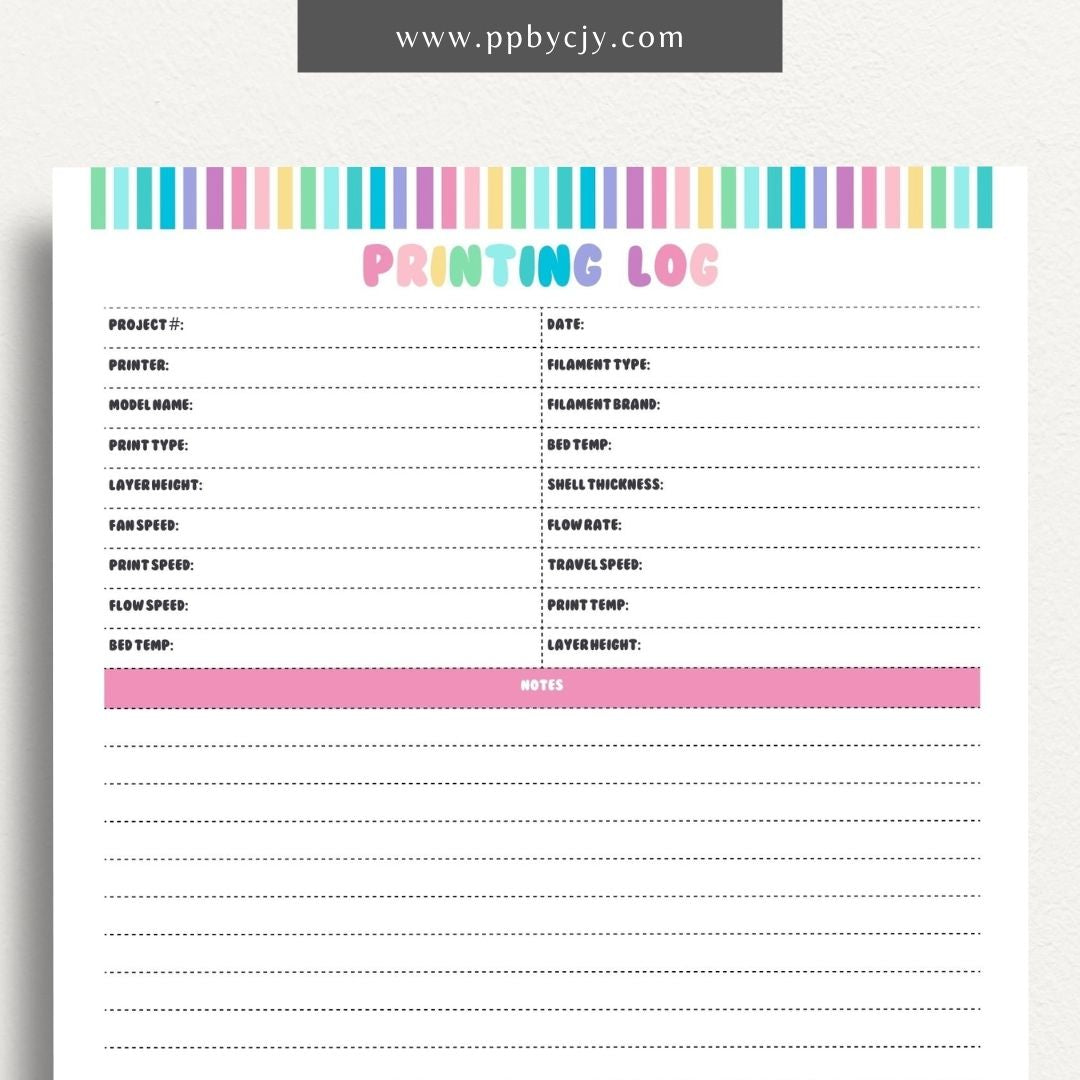 3D Printing Log Printable Template – Digital download for tracking and organizing 3D print jobs, settings, and project details