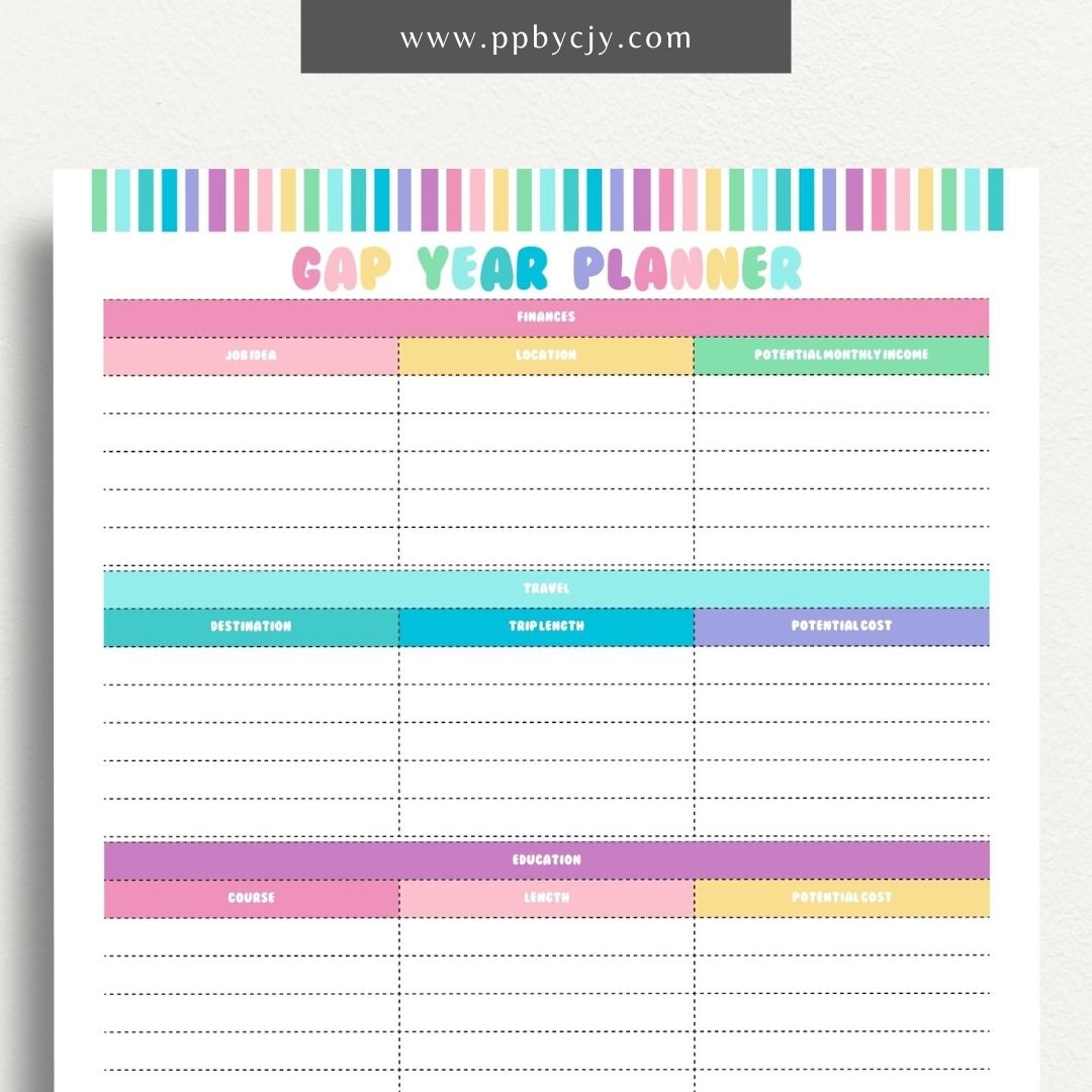 Gap Year Planner Printable Template – Digital download for organizing travel, setting goals, and tracking experiences during your gap year.