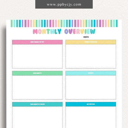 Monthly Overview Printable Template – Digital download for planning monthly schedules, setting goals, and organizing tasks.