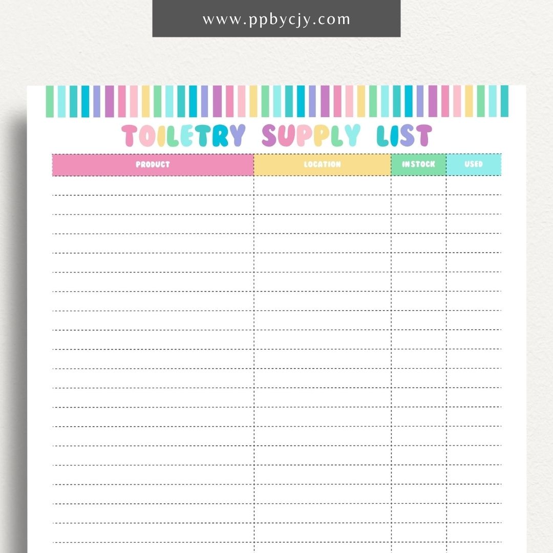 Toiletry Supply List Printable Template – Digital download for organizing and tracking bathroom essentials, personal care items, and travel packing