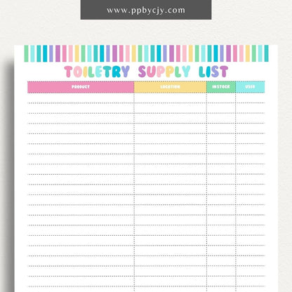 Toiletry Supply List Printable Template – Digital download for organizing and tracking bathroom essentials, personal care items, and travel packing