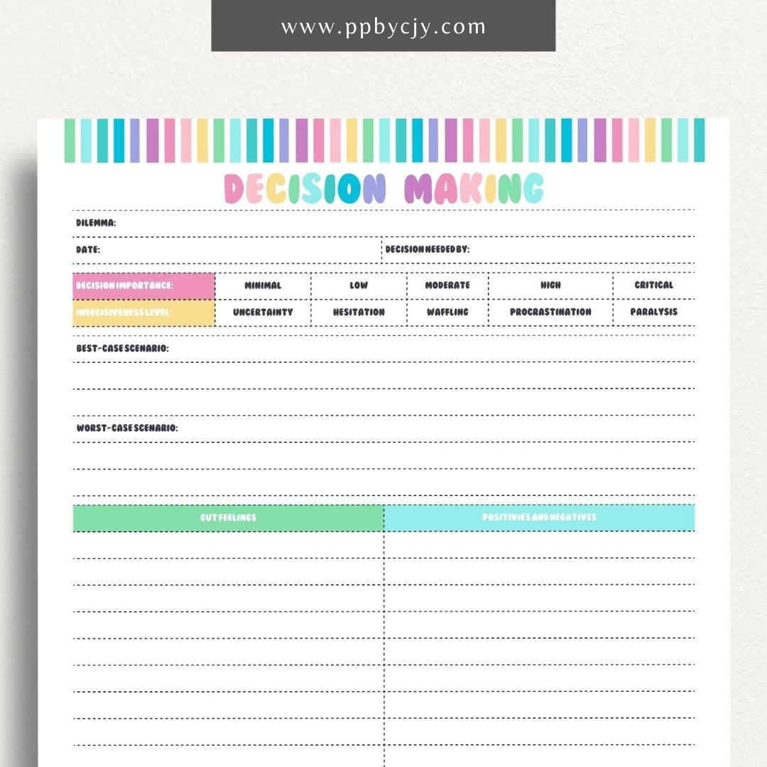 Decision-Making Sheet Printable Template – Digital download for evaluating options, listing pros and cons, and organizing thoughts for confident decision-making.