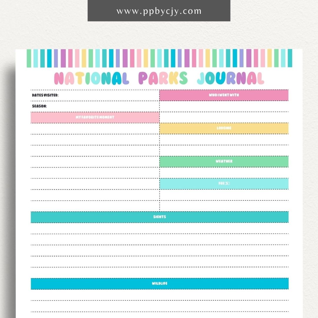 National Park Journal Printable Template – Digital download for tracking national park visits, hikes, wildlife, and more.