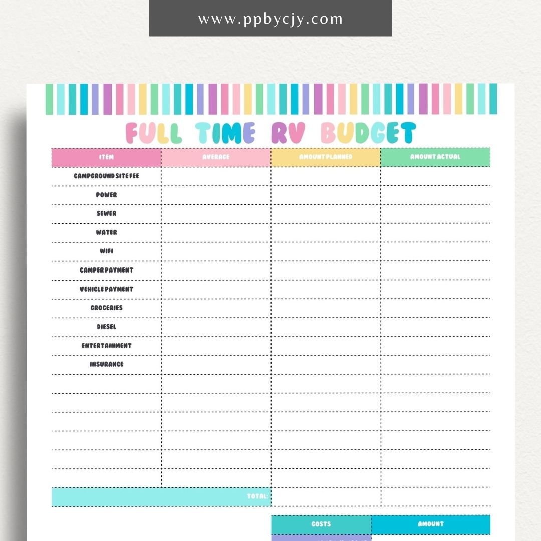 Full-Time RV Budget Printable Template – Digital download for planning and tracking expenses while living in an RV.