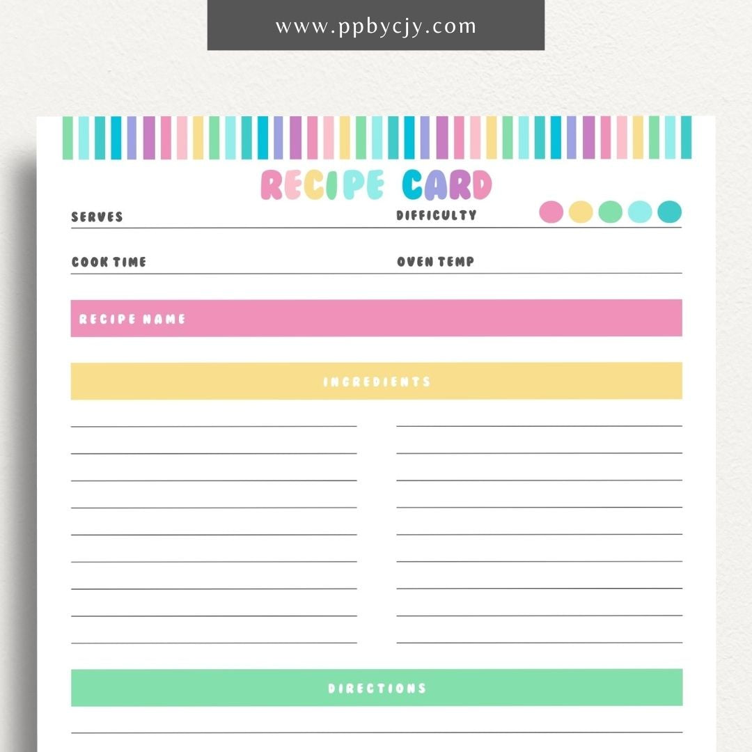 Recipe Card Printable Template – Digital download for organizing and documenting your favorite recipes and cooking instructions