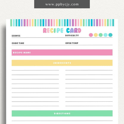 Recipe Card Printable Template – Digital download for organizing and documenting your favorite recipes and cooking instructions