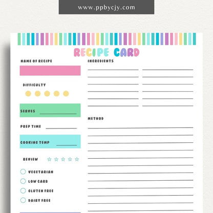 Recipe Card Printable Template – Digital download for organizing and documenting your favorite recipes and cooking instructions