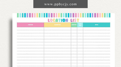 Photography Location List Printable Template – Digital download for organizing and tracking photography spots, photoshoot planning, and location details