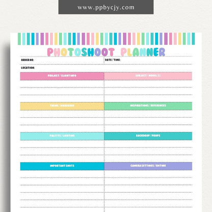 Photoshoot Planner Printable Template – Digital download for organizing and planning photography sessions, shot lists, schedules, and equipment"