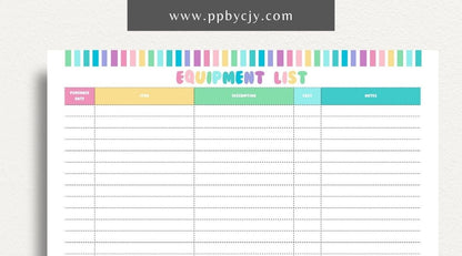 Equipment & Machine List Printable Template – Digital download for tracking and organizing machinery, maintenance schedules, and equipment inventory