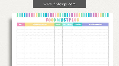 Restaurant Waste Log Printable Template – Digital download for tracking and managing waste in a restaurant, including types, quantities, and reasons for disposal