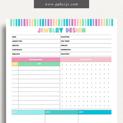 Jewelry Design Plan Printable Template – Digital download for organizing and planning jewelry designs with sections for sketches, materials, and measurements