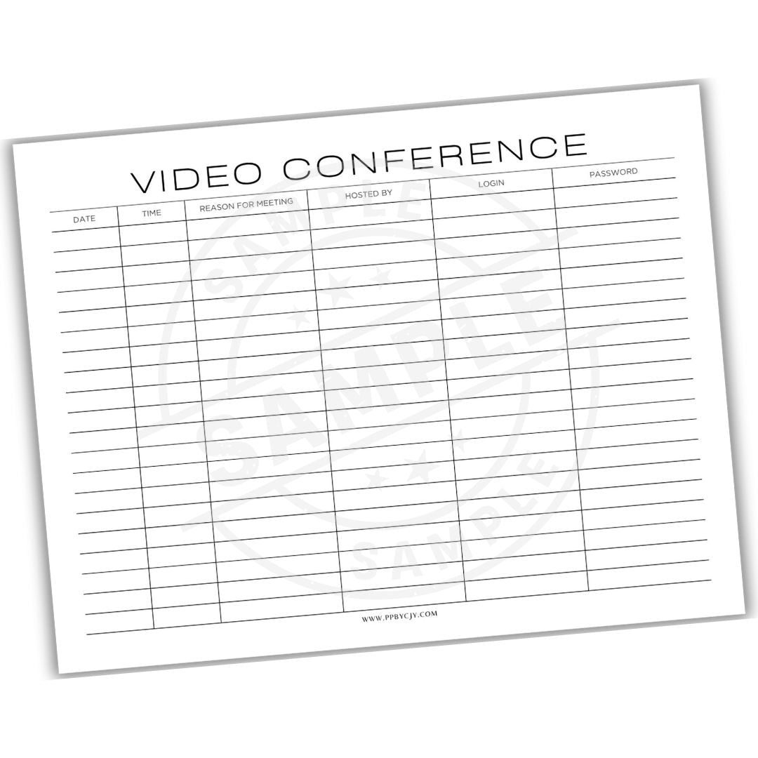 Sheet of paper with a table titled 'Video Conference' for recording meeting details.