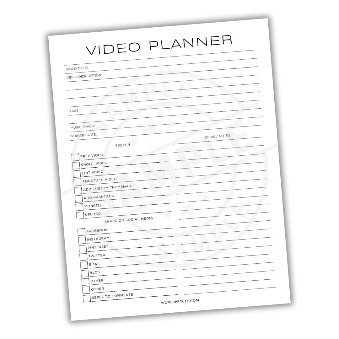 Video planner sheet with various columns for video details on a white background