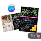 Neon-themed birthday invitation with gaming graphics and Canva logo.