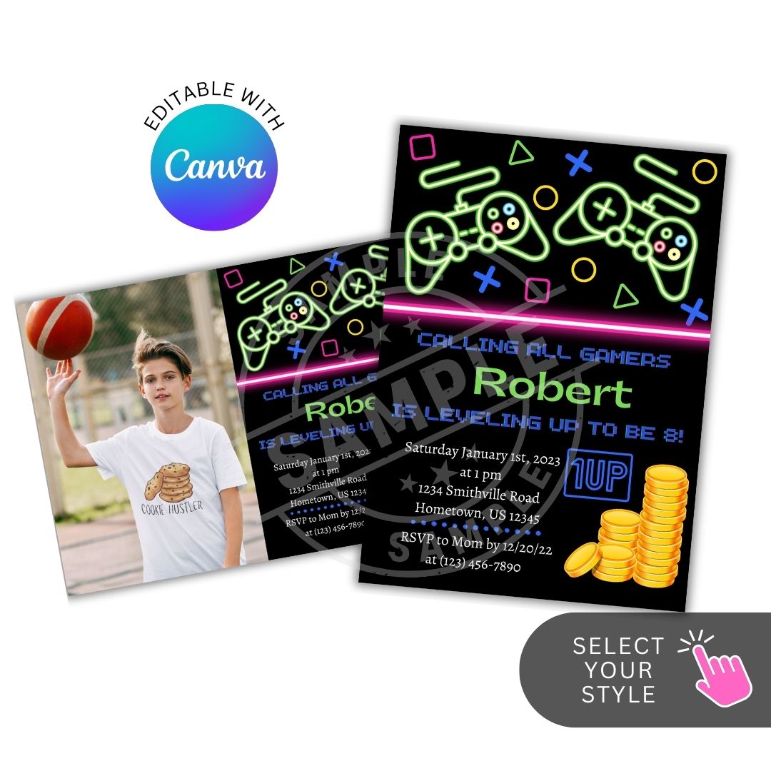 Neon-themed birthday invitation with gaming graphics and Canva logo.
