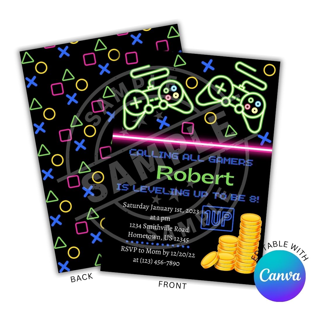 Neon-themed birthday invitation with game controllers and colorful icons on a black background.
