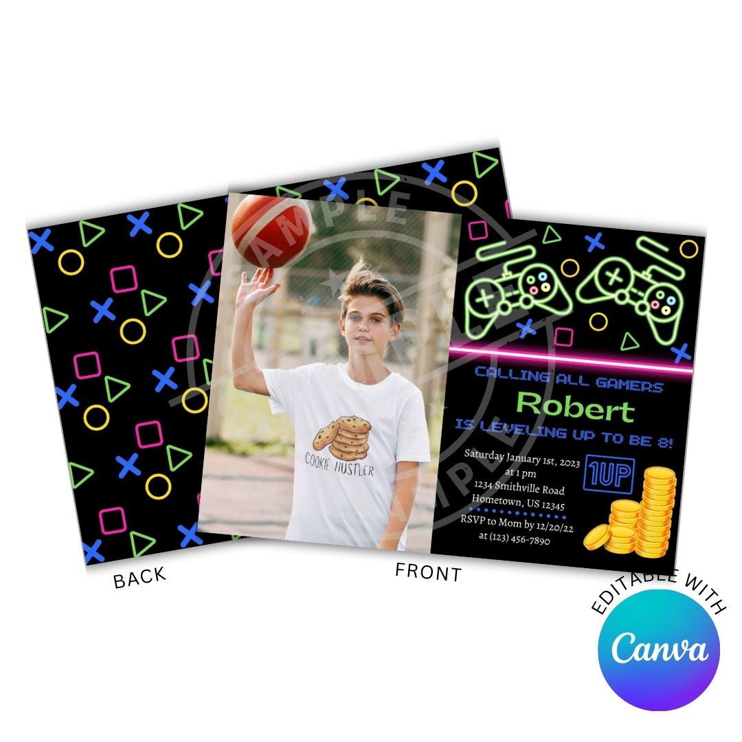 Neon-themed birthday invitation card with a person holding a basketball, featuring Canva branding.