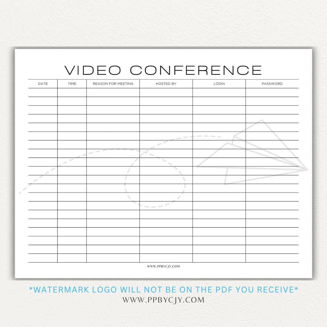 Video conference log printable PDF template for tracking virtual meetings, attendees, topics, and action items.

