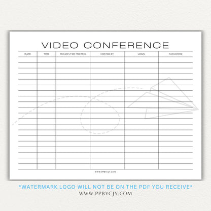 Video conference log printable PDF template for tracking virtual meetings, attendees, topics, and action items.

