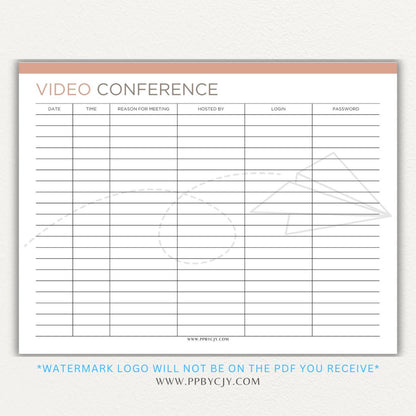 Video conference log printable PDF template for tracking virtual meetings, attendees, topics, and action items.

