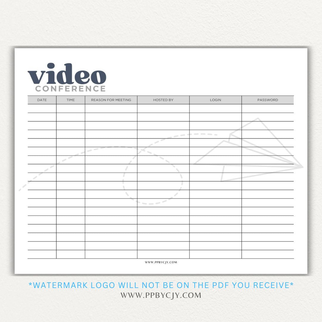 Video conference log printable PDF template for tracking virtual meetings, attendees, topics, and action items.

