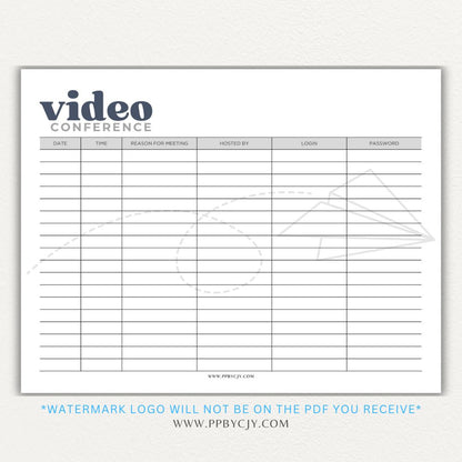 Video conference log printable PDF template for tracking virtual meetings, attendees, topics, and action items.

