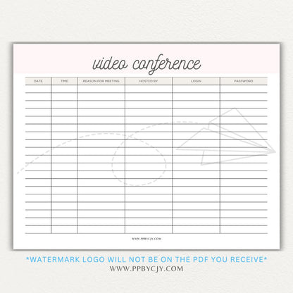 Video conference log printable PDF template for tracking virtual meetings, attendees, topics, and action items.

