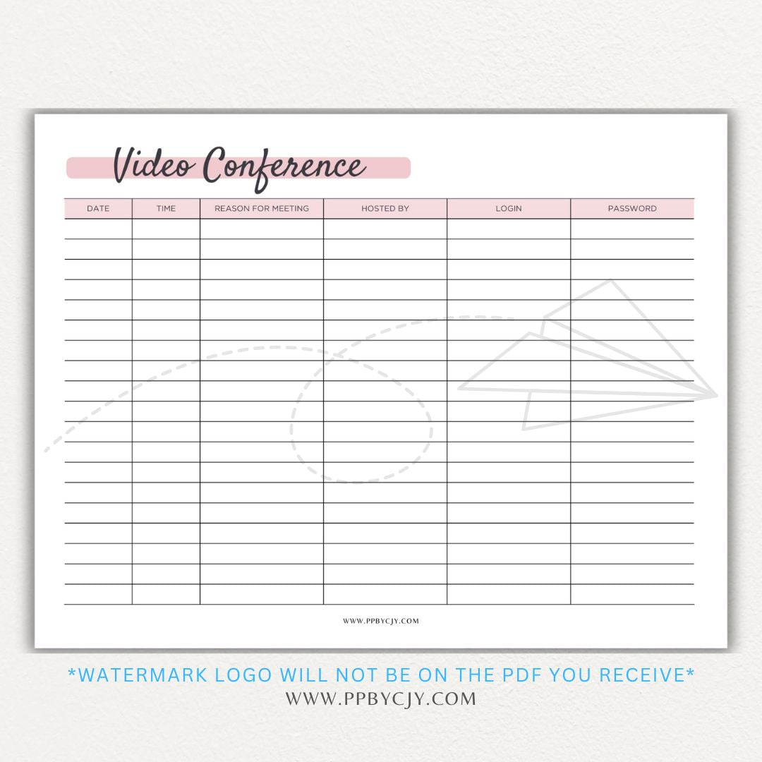 Video conference log printable PDF template for tracking virtual meetings, attendees, topics, and action items.

