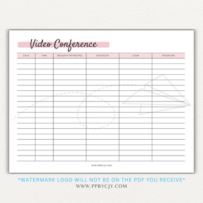 Video conference log printable PDF template for tracking virtual meetings, attendees, topics, and action items.

