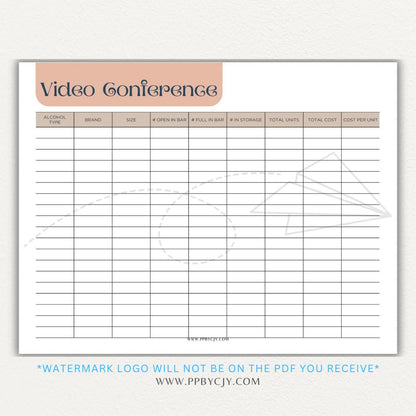 Video conference log printable PDF template for tracking virtual meetings, attendees, topics, and action items.

