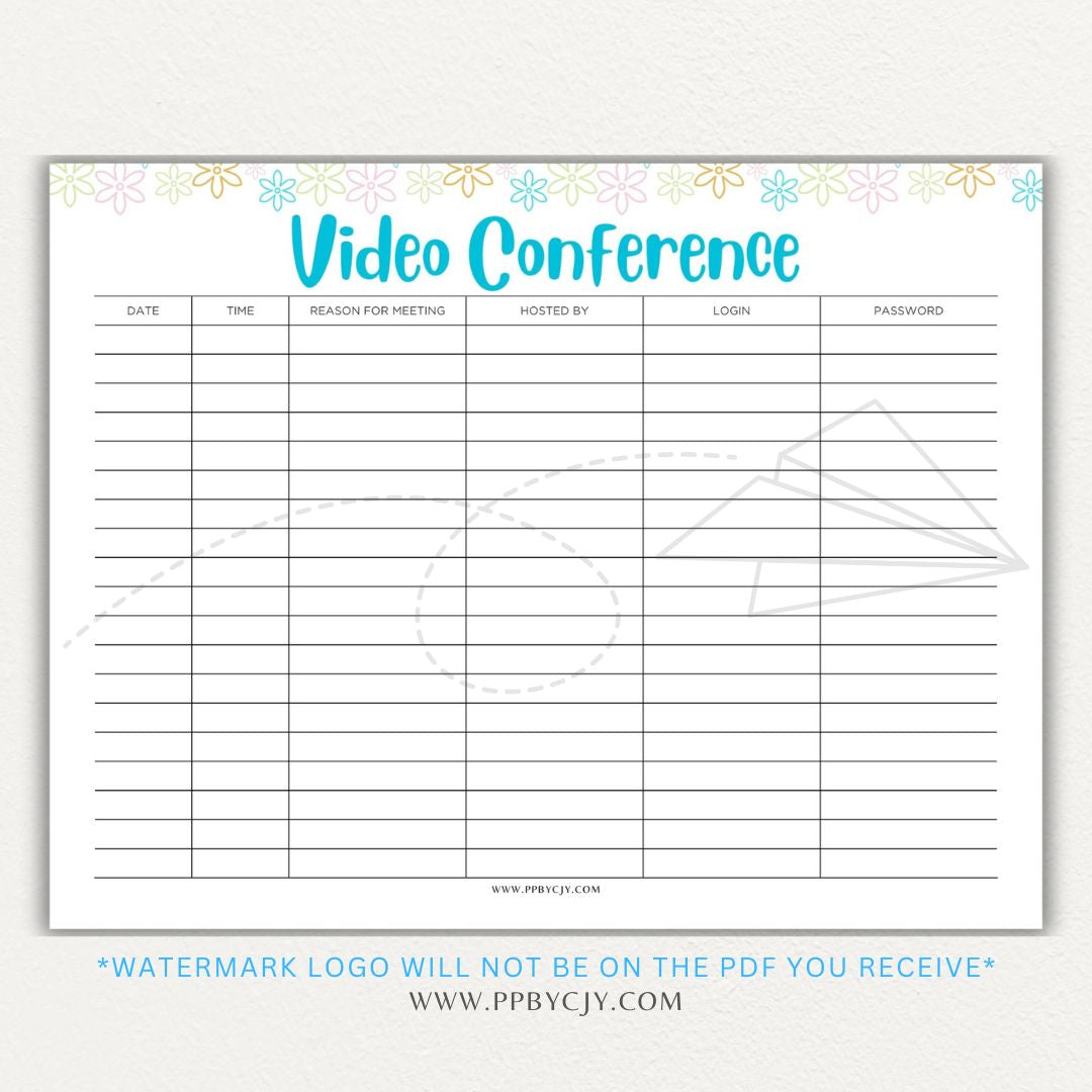 Video conference log printable PDF template for tracking virtual meetings, attendees, topics, and action items.

